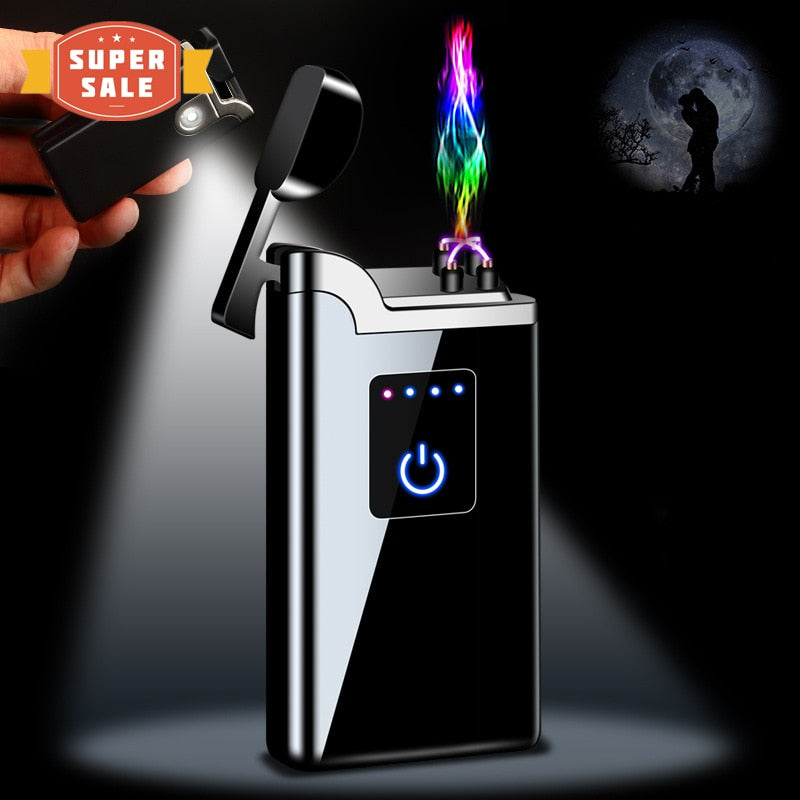 New Double Arc Lighter Windproof Flameless USB Plasma Lighter With LED Power Display Smoking Men&